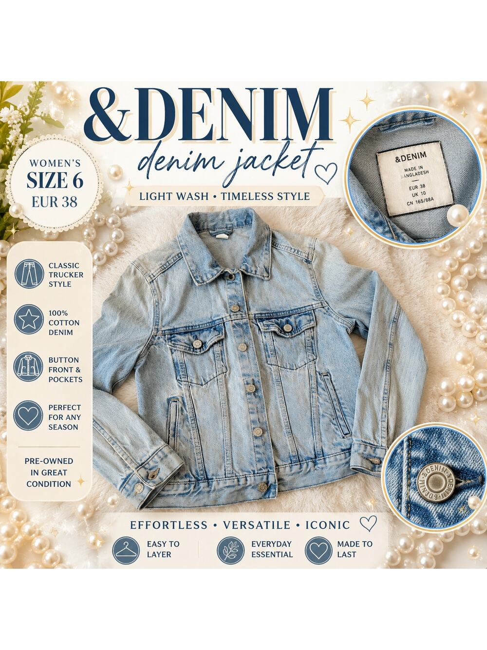 Denim H&M Light Wash Denim Jacket Womens 6 Trucker Button Front